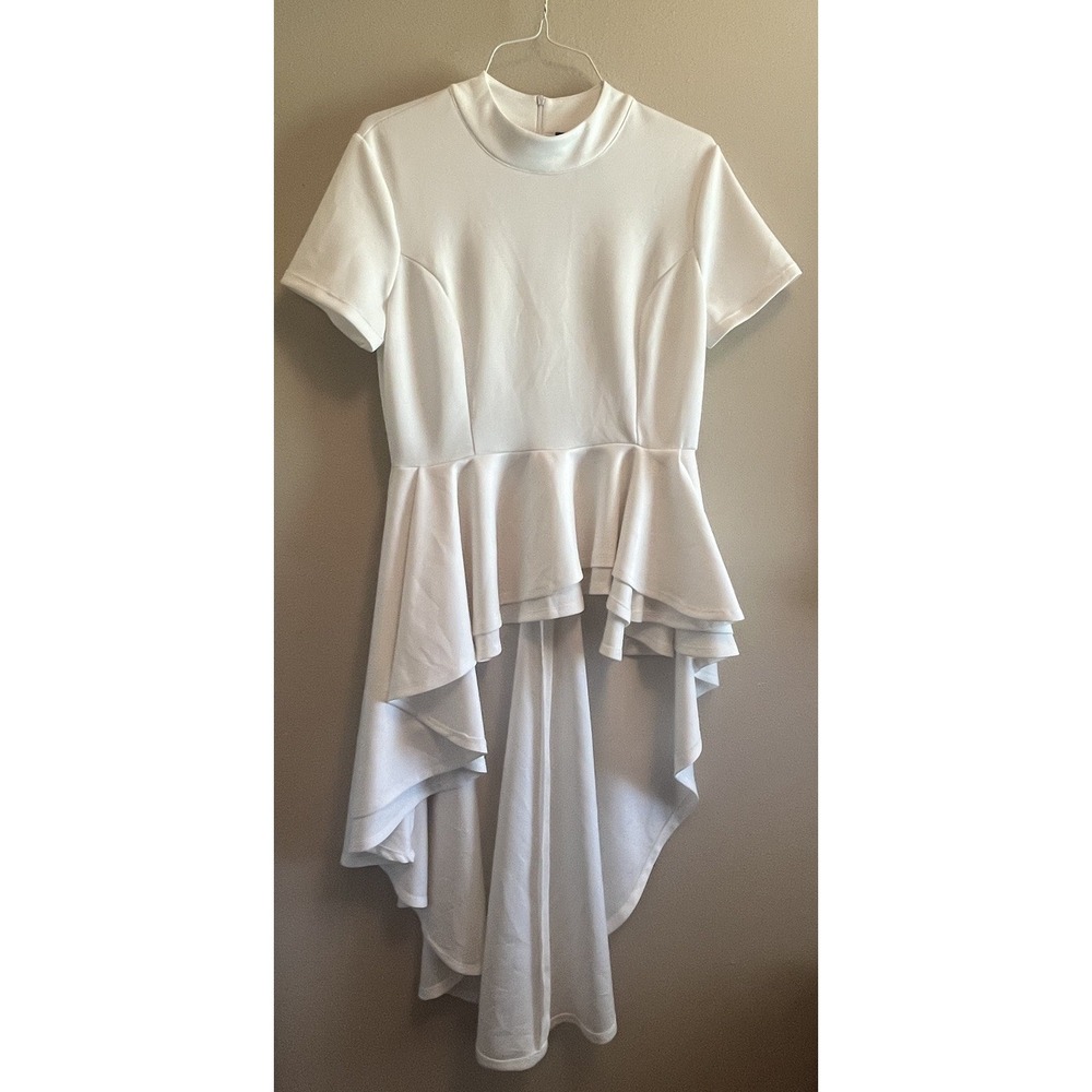 Impulsive White Hi-Low Peplum Dress Layered Ruffle Mock Neck XL Women